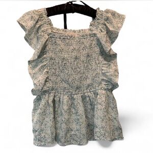 Boho Feminie Hayden White babydoll Blouse with Blue Floral Print size S